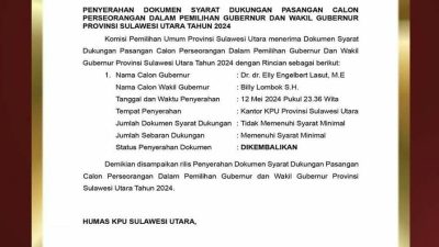 Tidak Memenuhi Syarat, KPU Sulut Kembalikan Dokumen Syarat Dukungan Elly Lasut dan Billy Lombok